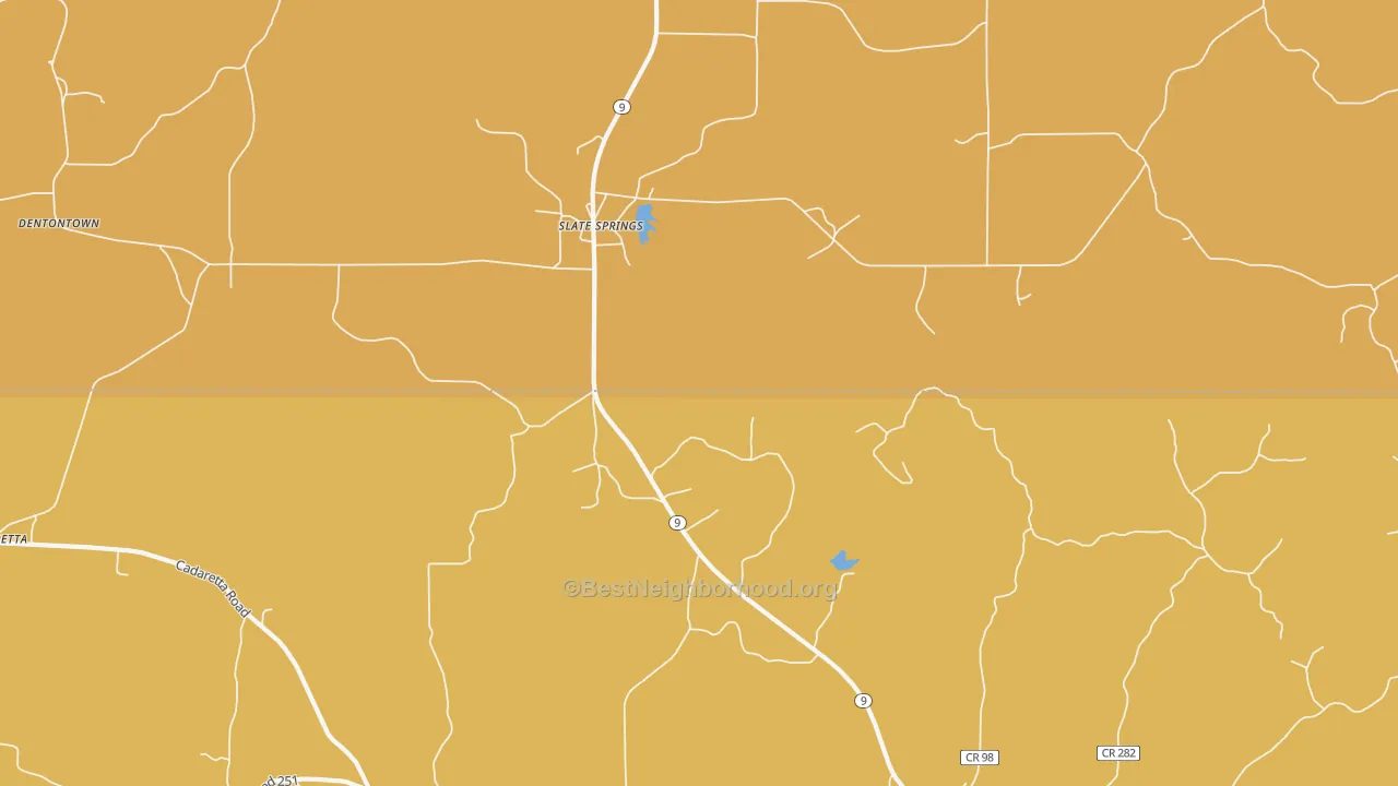 Map of the best neighborhoods in the Slate Springs area, with better matches in green and worse matches in red