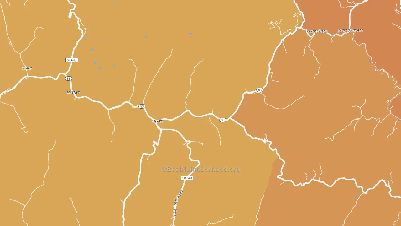 Map of the best neighborhoods in the Slate area, with better matches in green and worse matches in red
