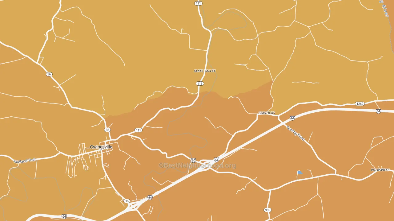 Map of the best neighborhoods in the Slate Valley area, with better matches in green and worse matches in red