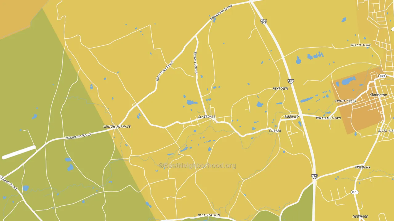 Map of the best neighborhoods in the Slatedale area, with better matches in green and worse matches in red