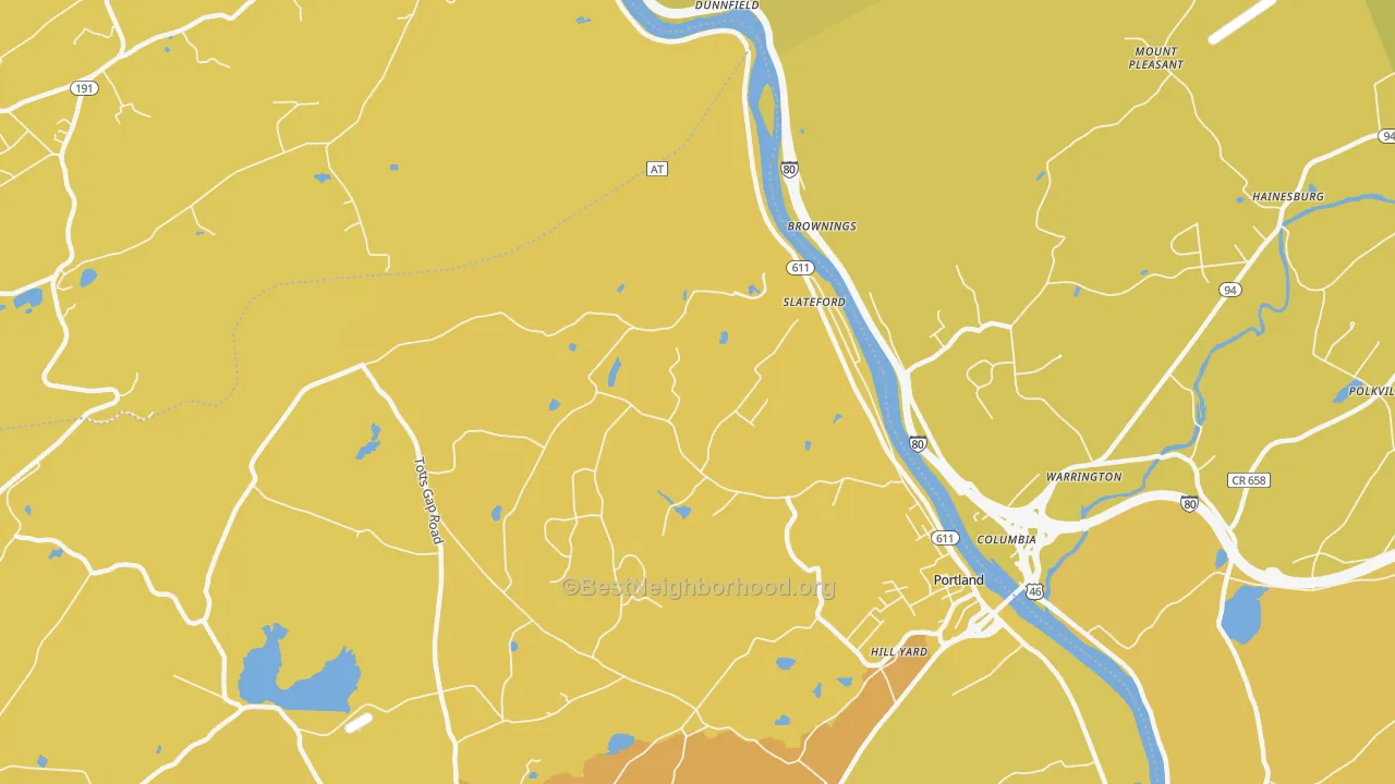 Map of the best neighborhoods in the Slateford area, with better matches in green and worse matches in red