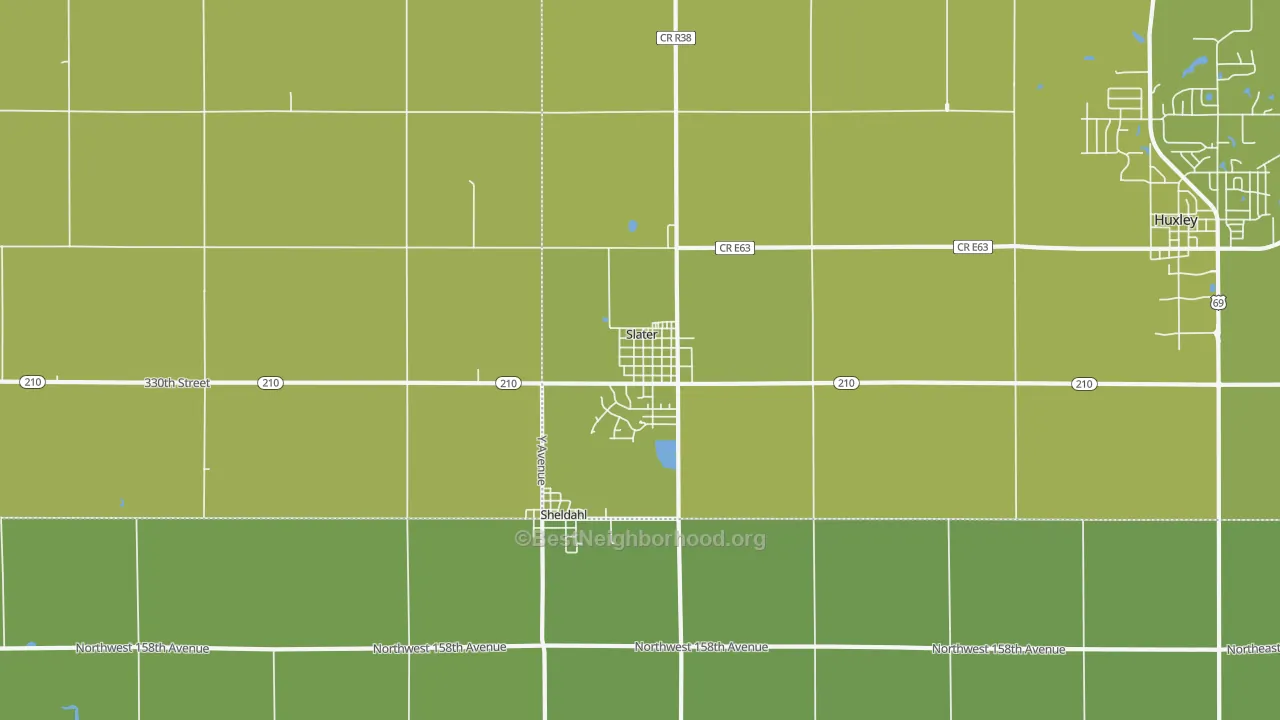 Map of the best neighborhoods in the Slater area, with better matches in green and worse matches in red