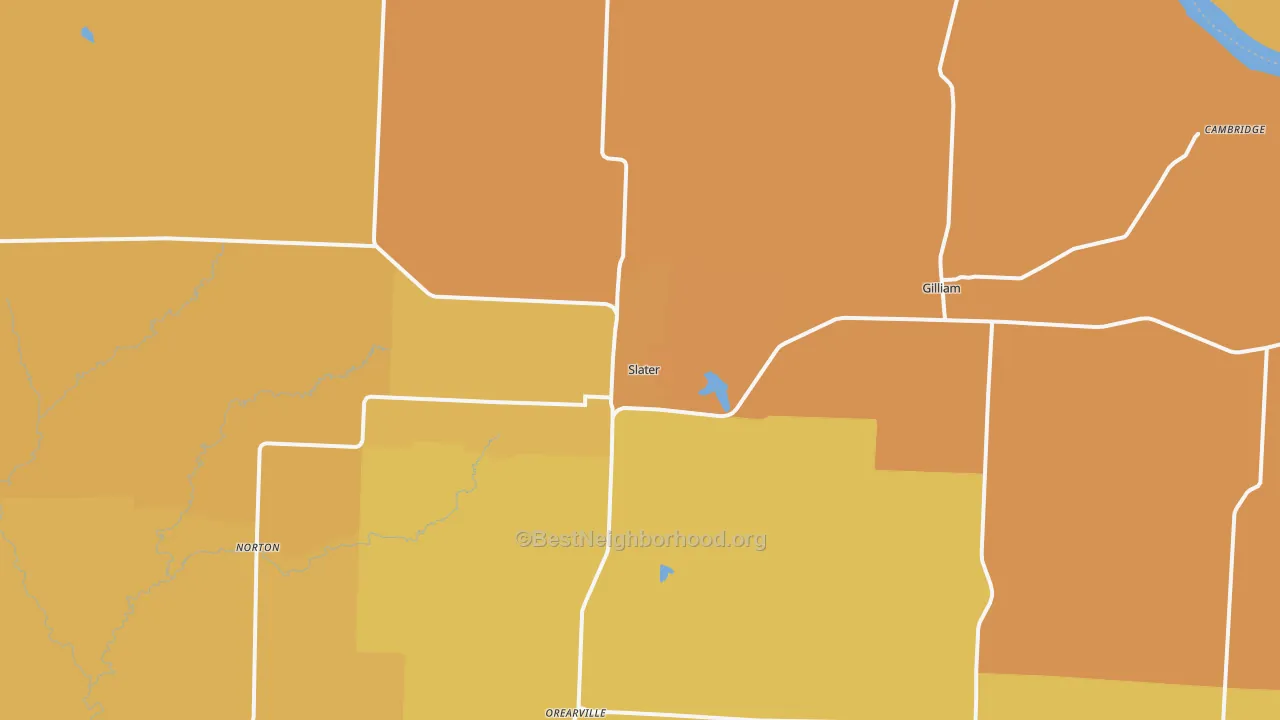Map of the best neighborhoods in the Slater area, with better matches in green and worse matches in red