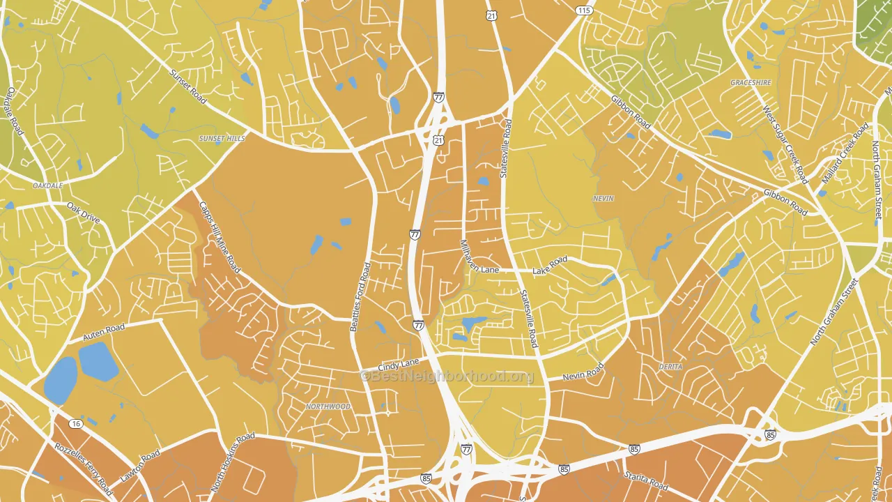 Map of the best neighborhoods in the Slater Park, Charlotte area, with better matches in green and worse matches in red