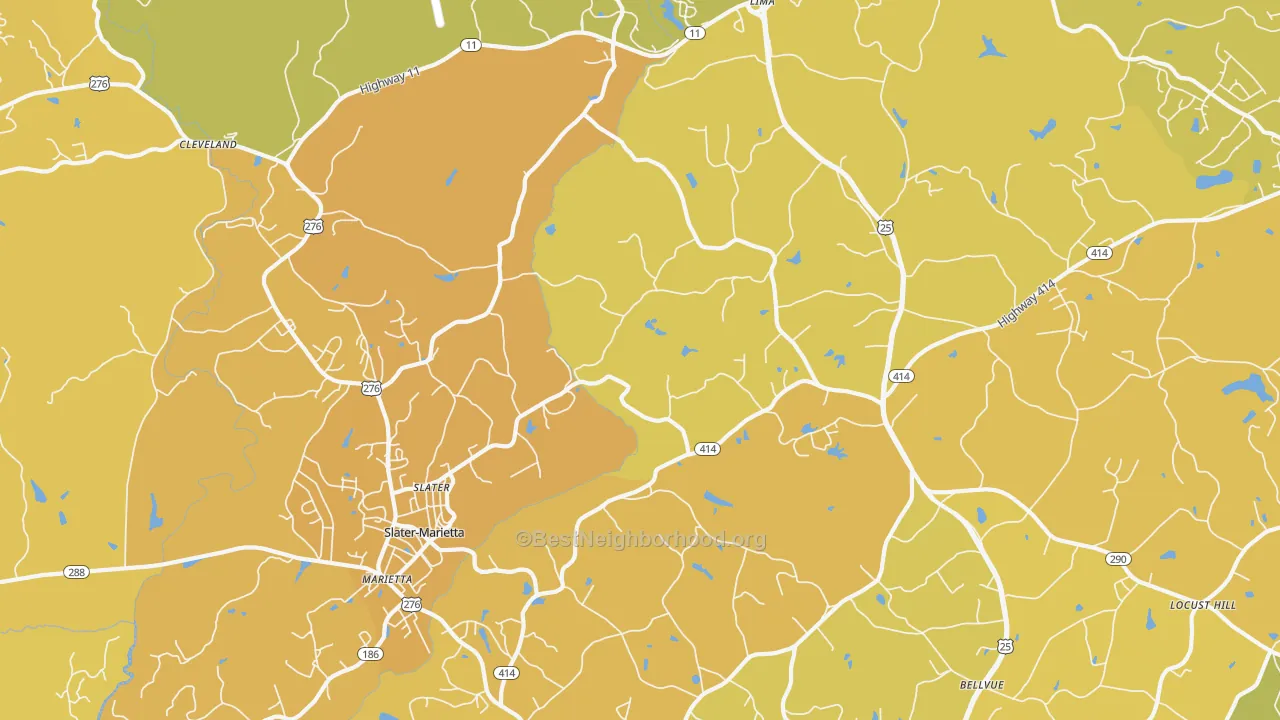 Map of the best neighborhoods in the Slater area, with better matches in green and worse matches in red