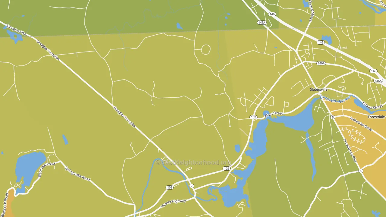 Map of the best neighborhoods in the Slatersville area, with better matches in green and worse matches in red