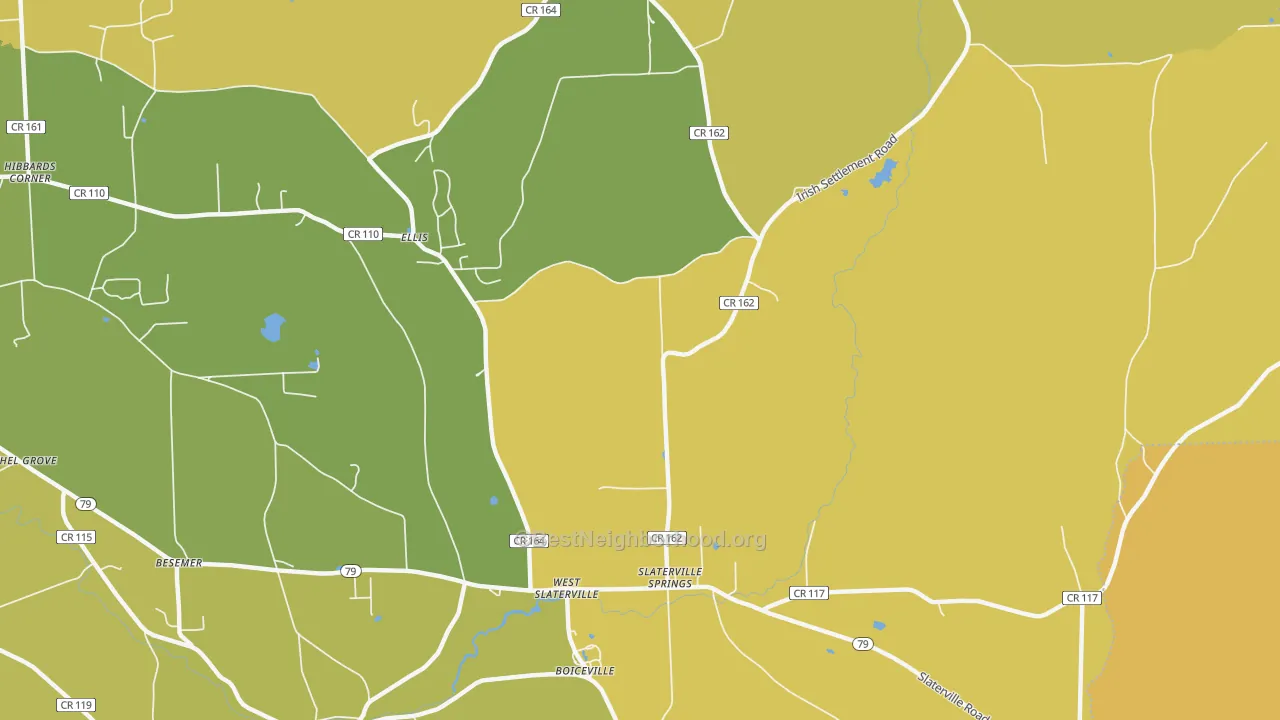 Map of the best neighborhoods in the Slaterville Springs area, with better matches in green and worse matches in red