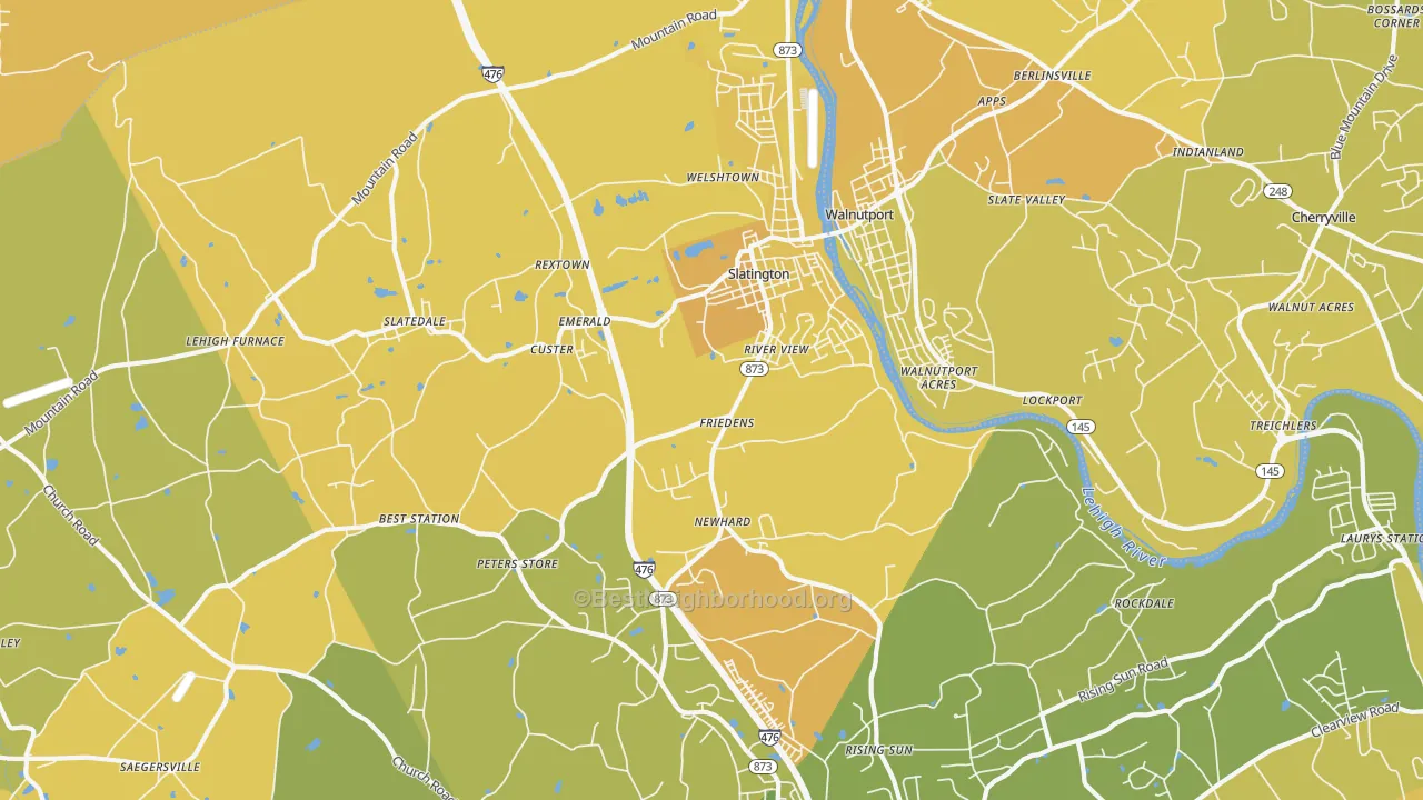 Map of the best neighborhoods in the Slatington area, with better matches in green and worse matches in red