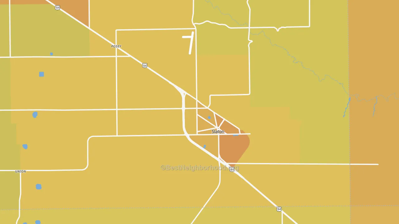 Map of the best neighborhoods in the Slaton area, with better matches in green and worse matches in red
