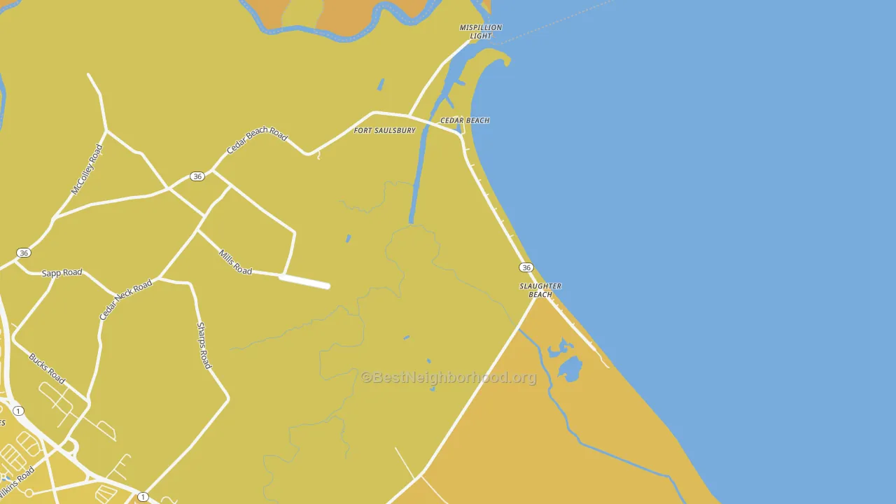 Map of the best neighborhoods in the Slaughter Beach area, with better matches in green and worse matches in red