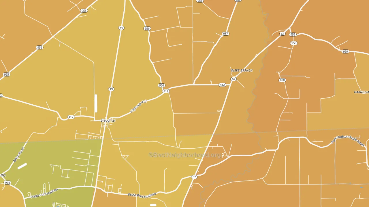 Map of the best neighborhoods in the Slaughter area, with better matches in green and worse matches in red