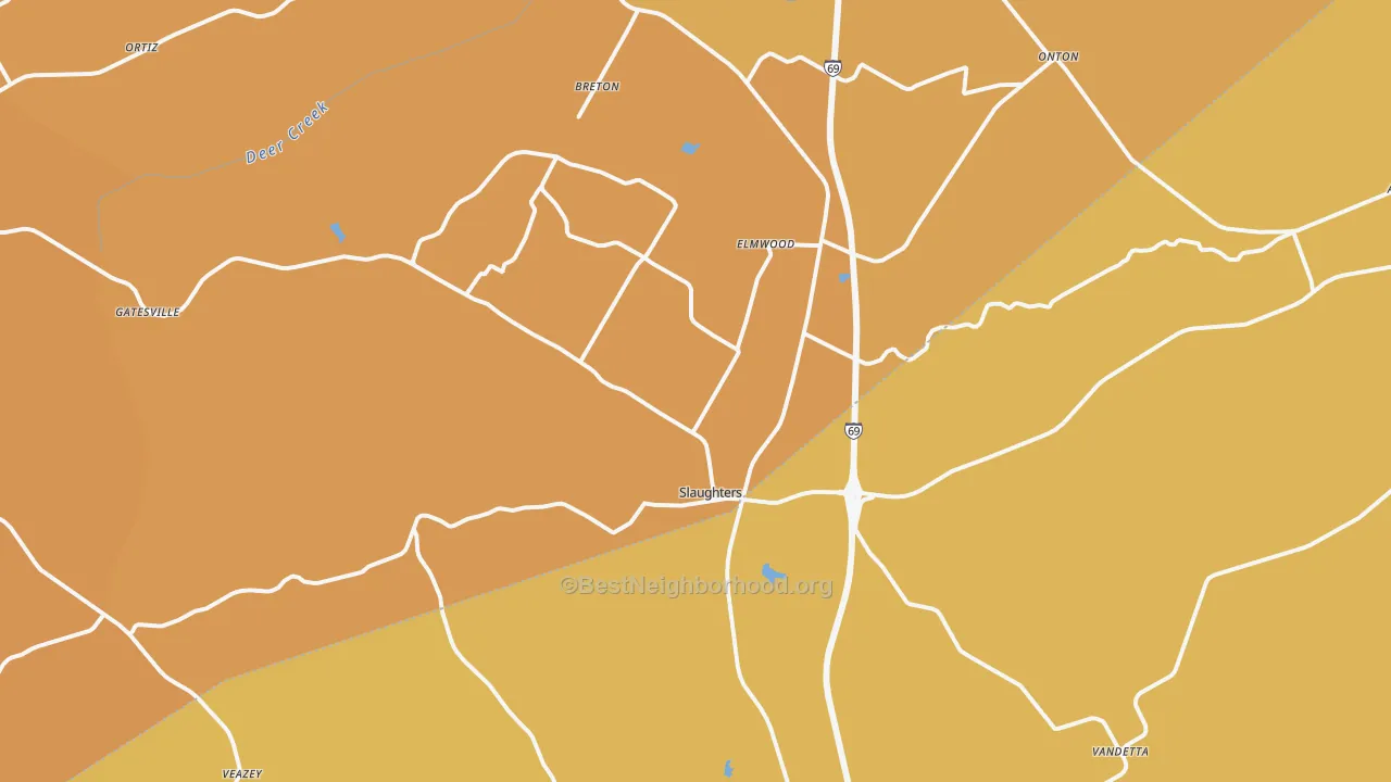 Map of the best neighborhoods in the Slaughters area, with better matches in green and worse matches in red