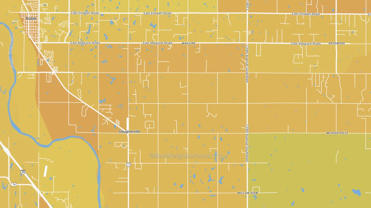 Map of the best neighborhoods in the Slaughterville area, with better matches in green and worse matches in red