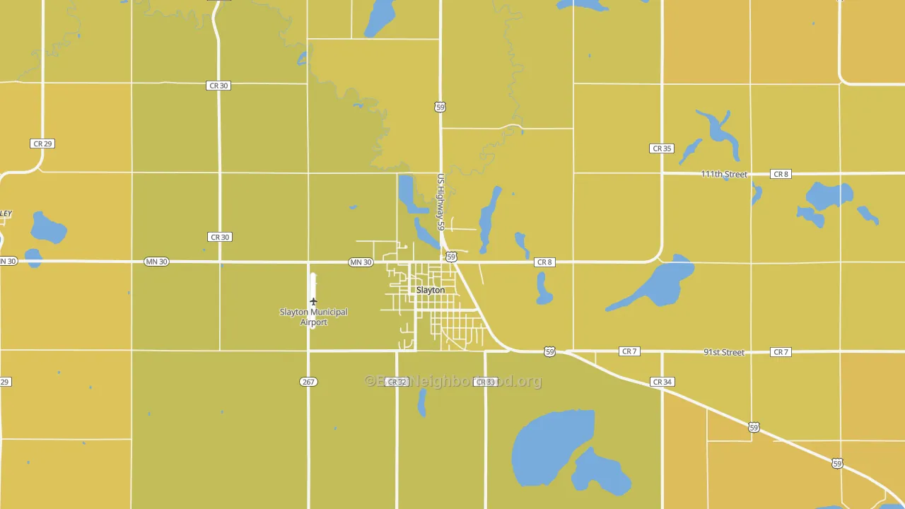 Map of the best neighborhoods in the Slayton area, with better matches in green and worse matches in red