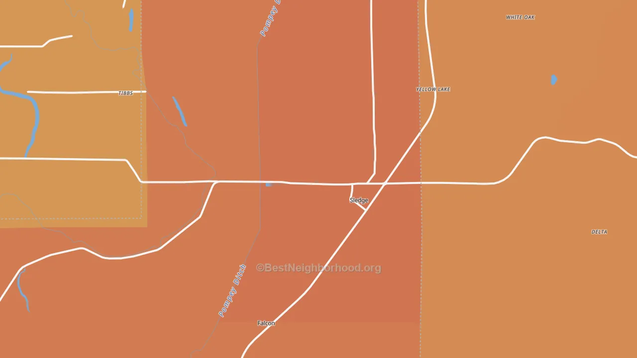 Map of the best neighborhoods in the Sledge area, with better matches in green and worse matches in red
