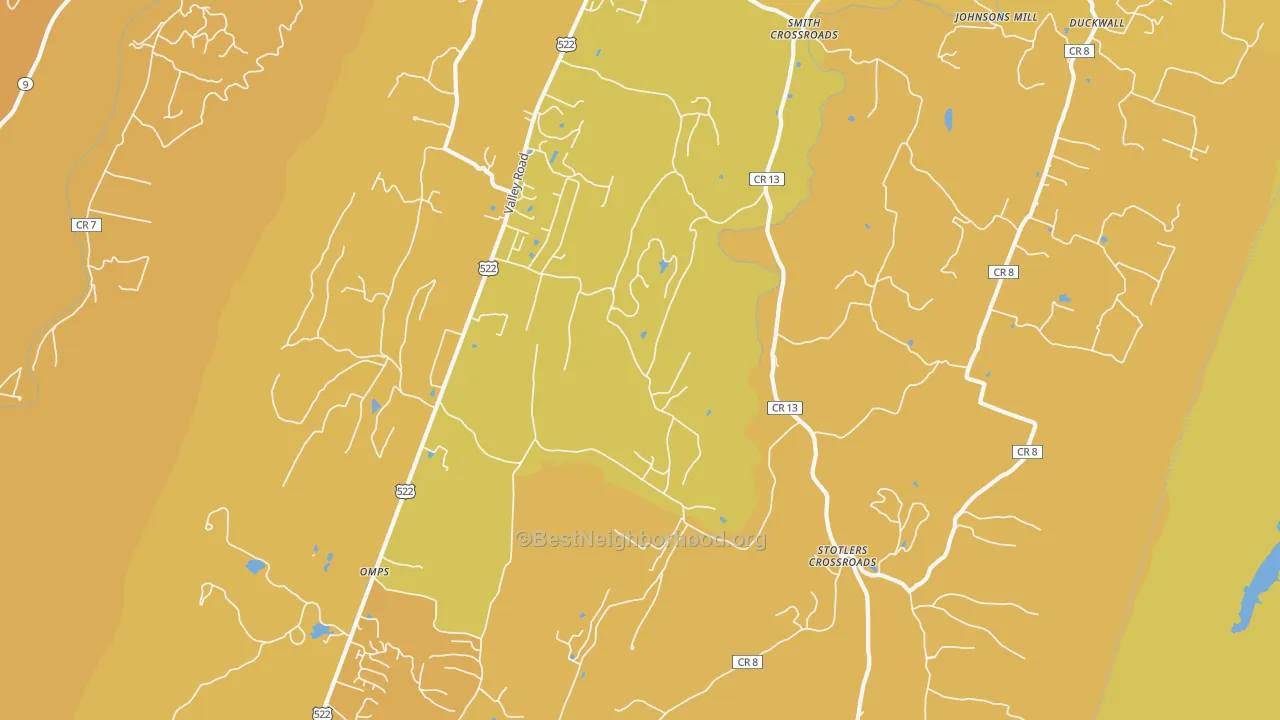 Map of the best neighborhoods in the Sleepy Creek area, with better matches in green and worse matches in red