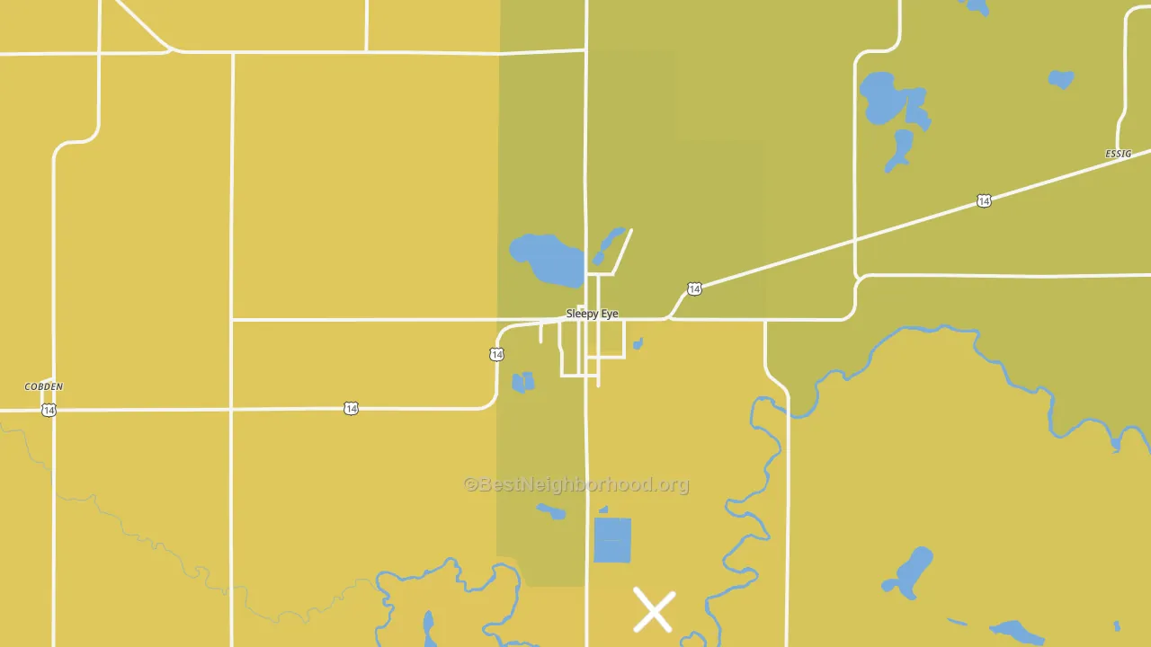 Map of the best neighborhoods in the Sleepy Eye area, with better matches in green and worse matches in red