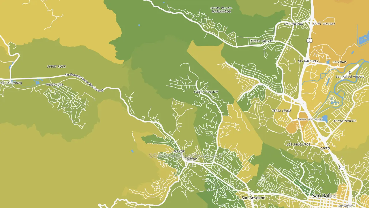 Map of the best neighborhoods in the Sleepy Hollow area, with better matches in green and worse matches in red