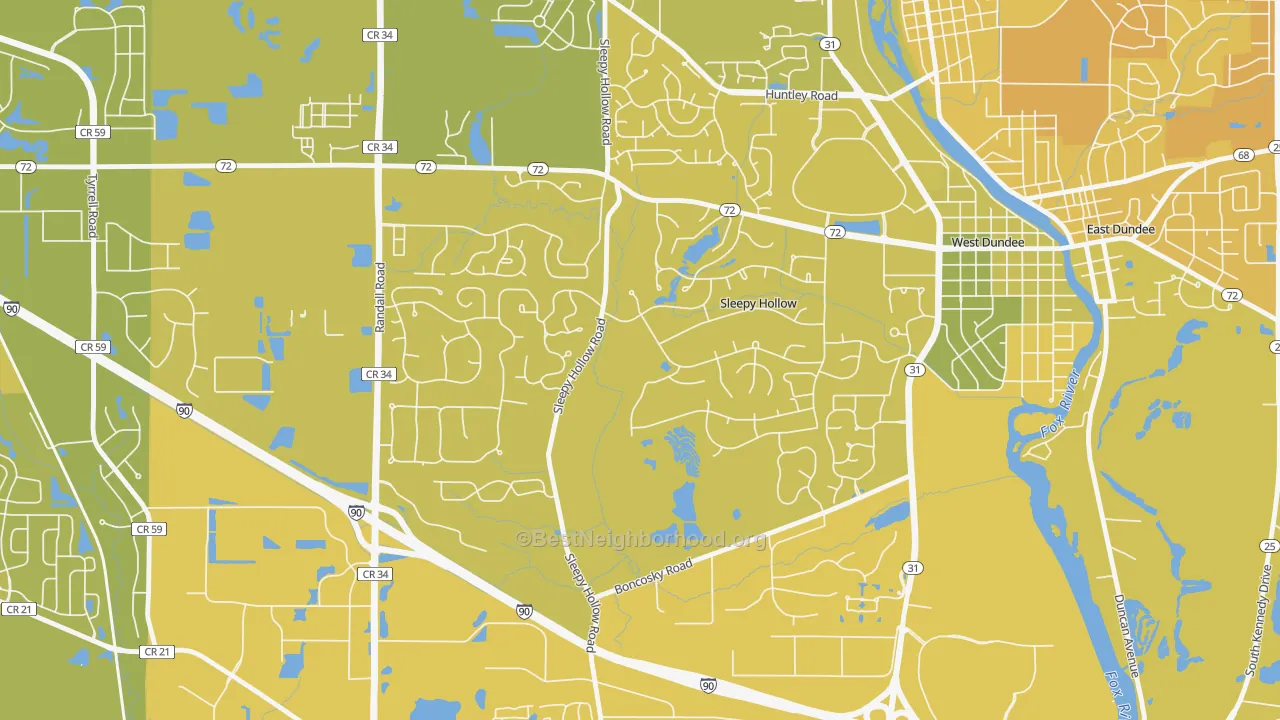 Map of the best neighborhoods in the Sleepy Hollow area, with better matches in green and worse matches in red