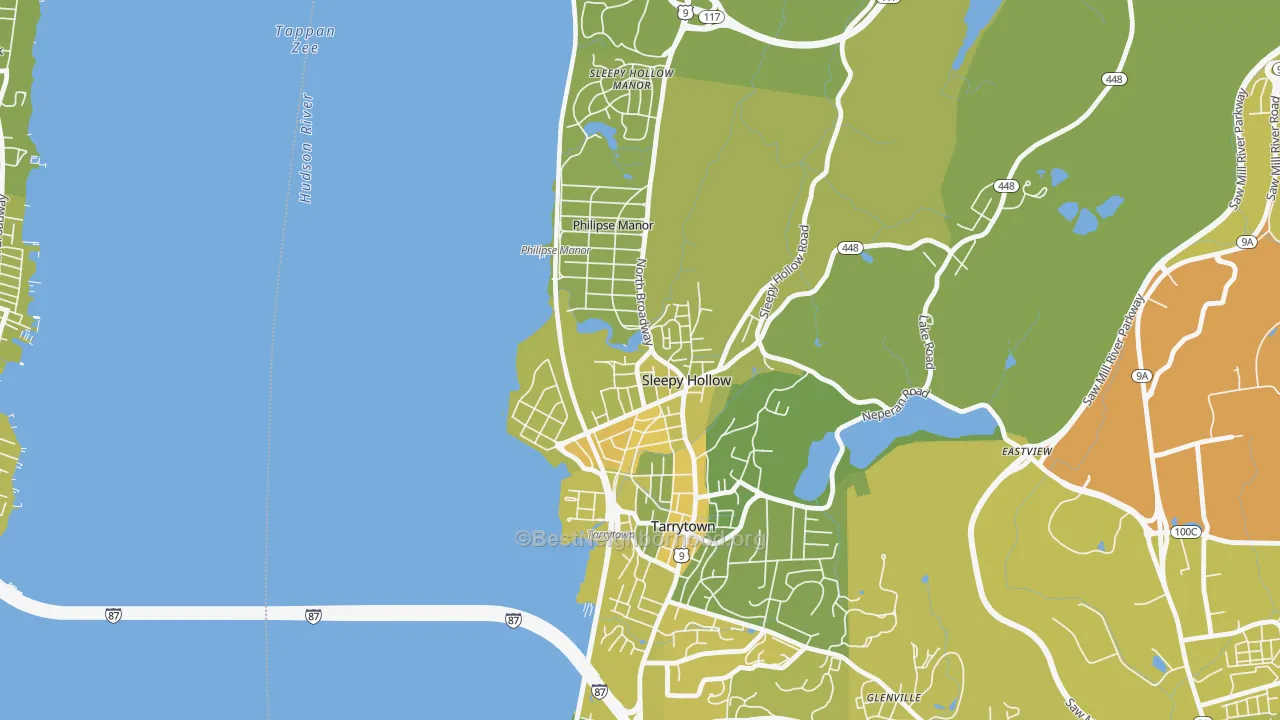 Map of the best neighborhoods in the Sleepy Hollow area, with better matches in green and worse matches in red