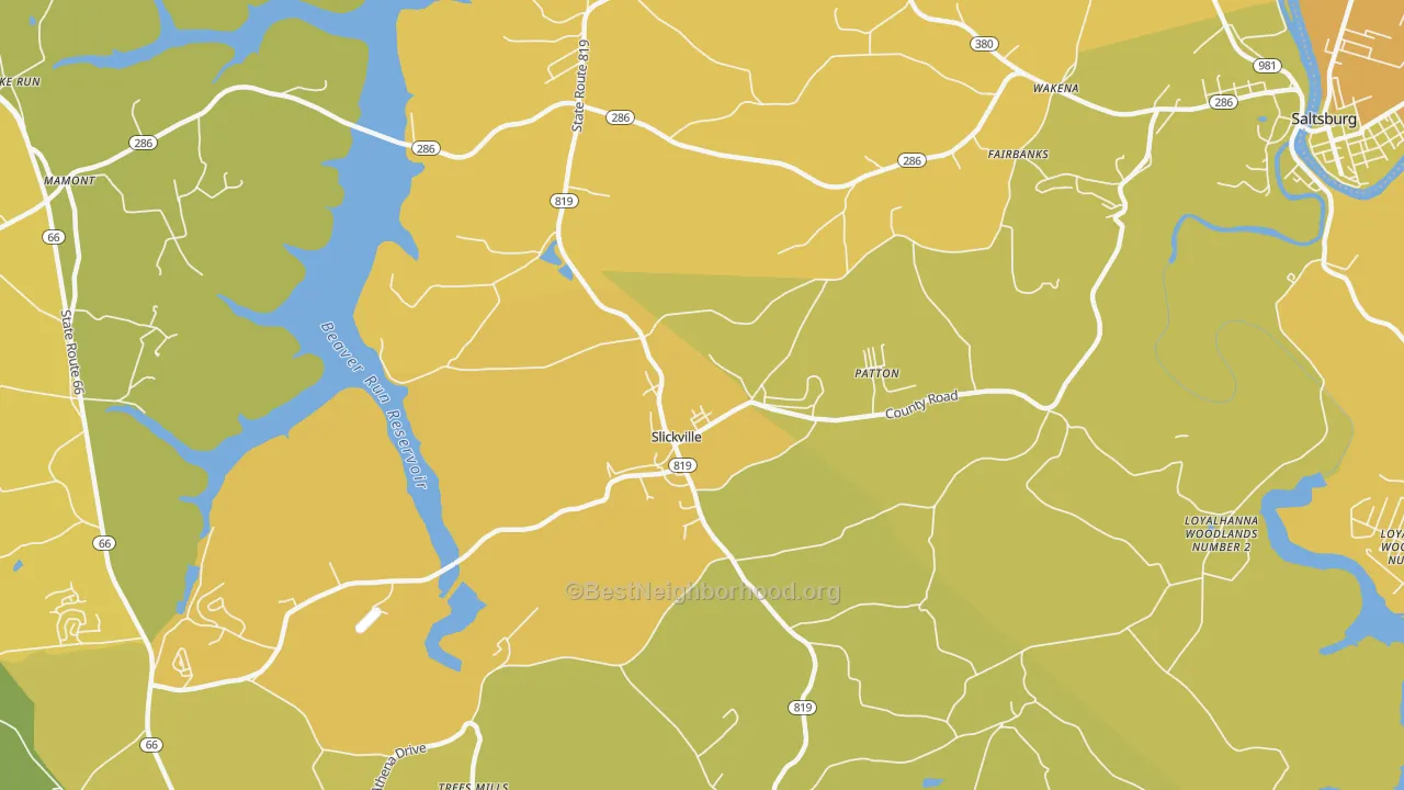 Map of the best neighborhoods in the Slickville area, with better matches in green and worse matches in red