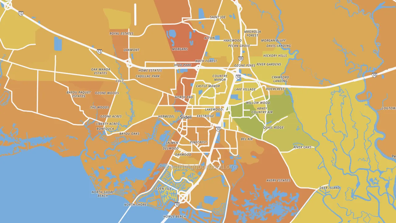 Map of the best neighborhoods in the Slidell Metro area, with better matches in green and worse matches in red