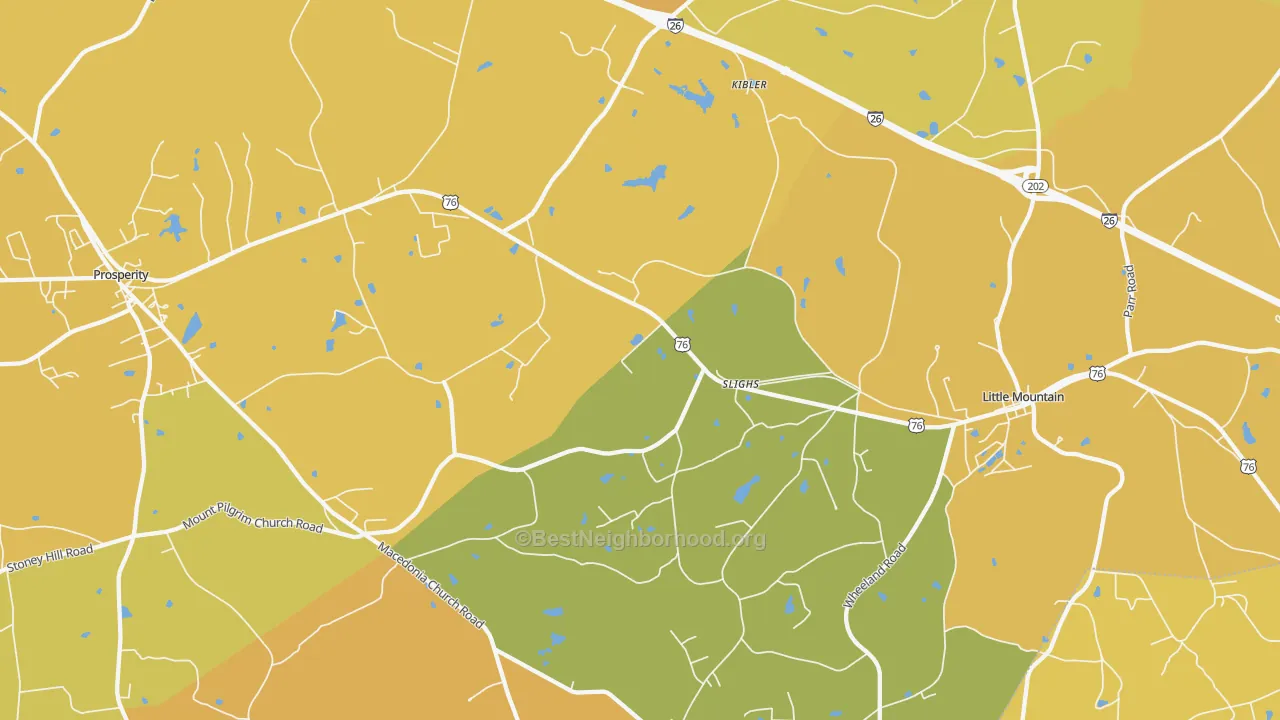 Map of the best neighborhoods in the Slighs area, with better matches in green and worse matches in red
