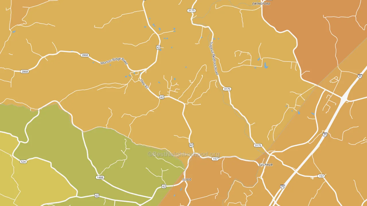 Map of the best neighborhoods in the Sligo area, with better matches in green and worse matches in red