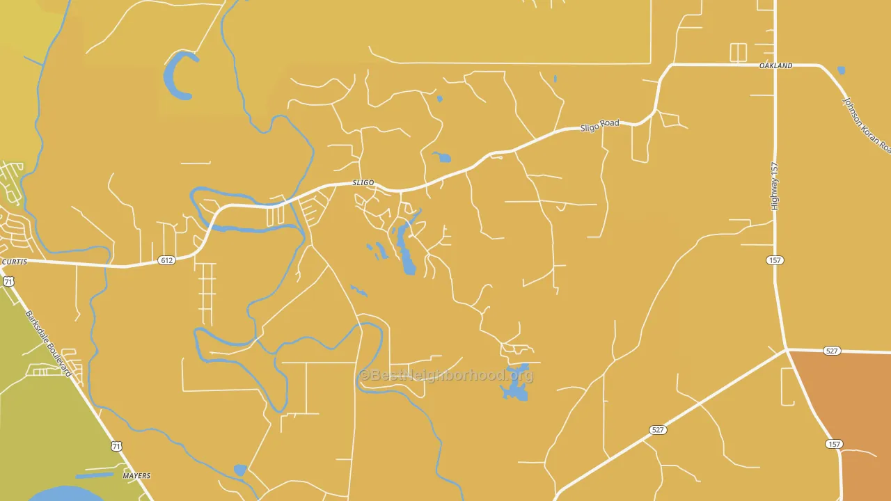 Map of the best neighborhoods in the Sligo area, with better matches in green and worse matches in red