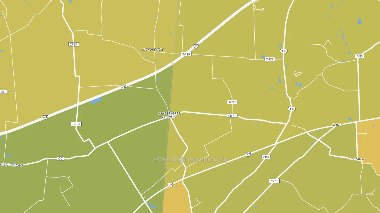 Map of the best neighborhoods in the Sligo area, with better matches in green and worse matches in red