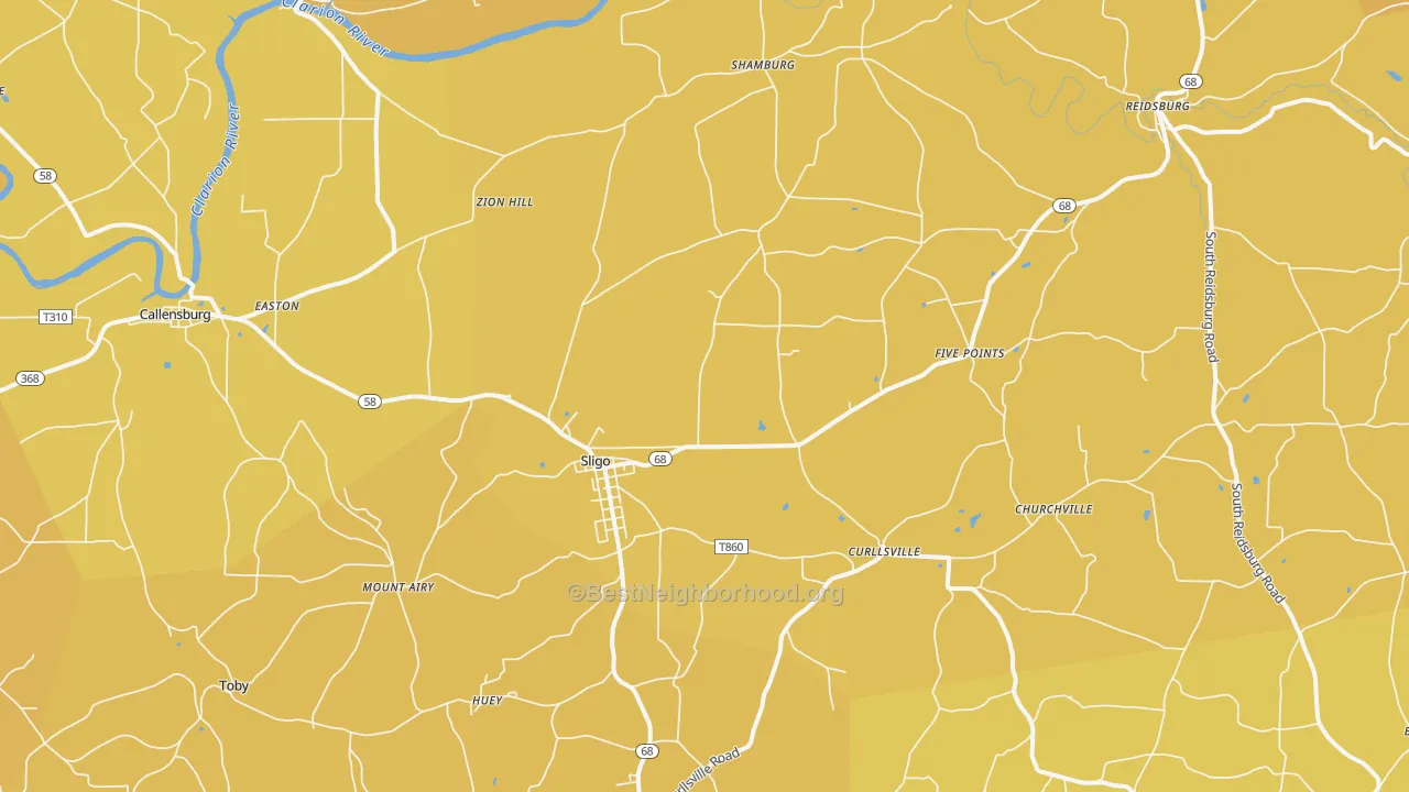 Map of the best neighborhoods in the Sligo area, with better matches in green and worse matches in red