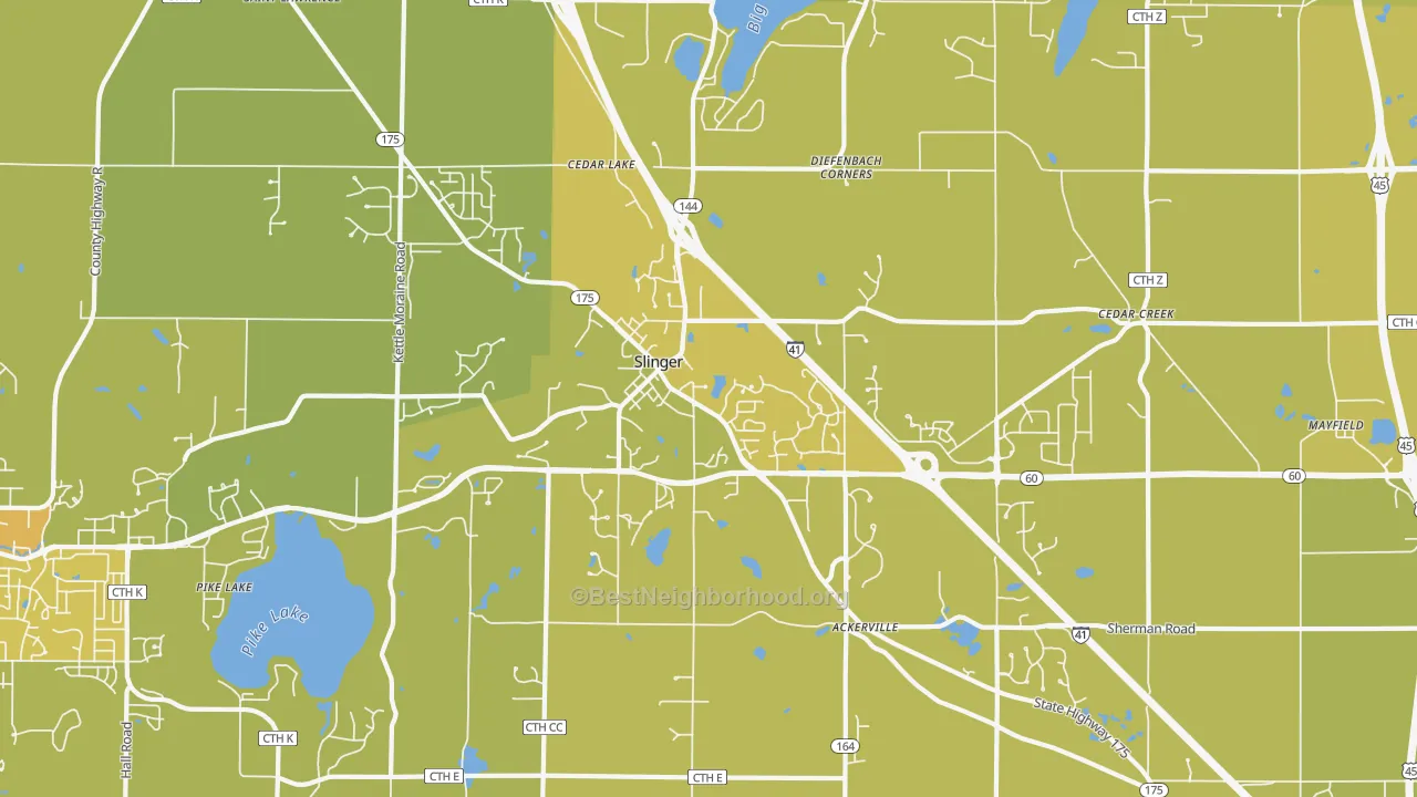 Map of the best neighborhoods in the Slinger area, with better matches in green and worse matches in red