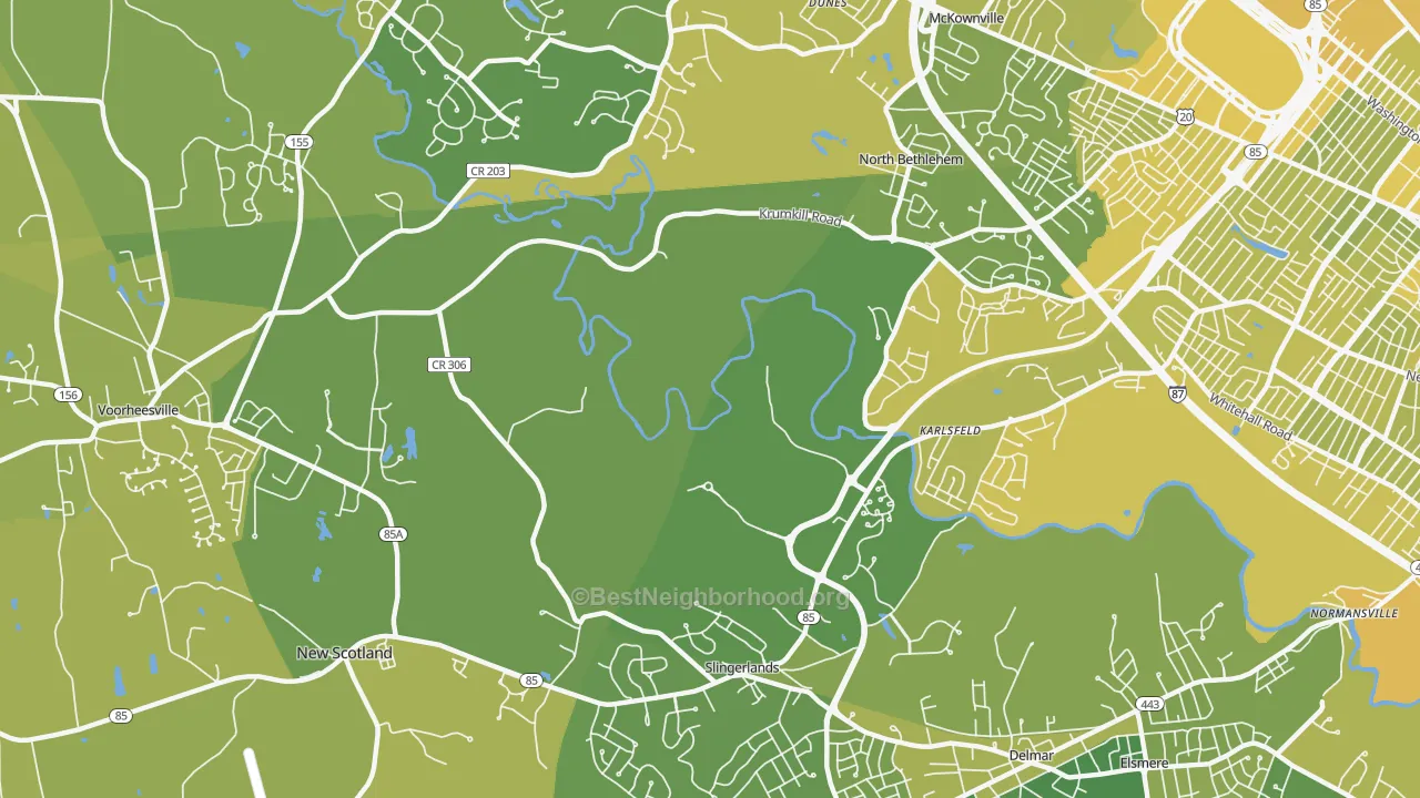 Map of the best neighborhoods in the Slingerlands area, with better matches in green and worse matches in red