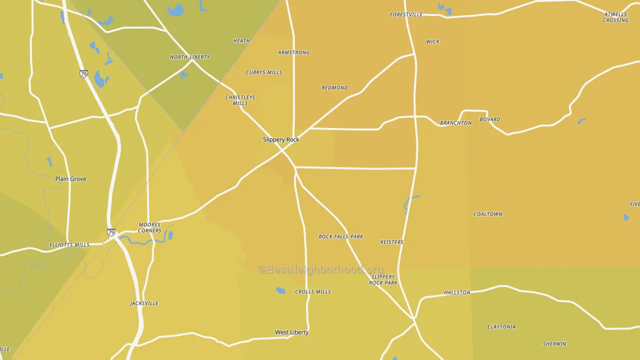 Map of the best neighborhoods in the Slippery Rock area, with better matches in green and worse matches in red