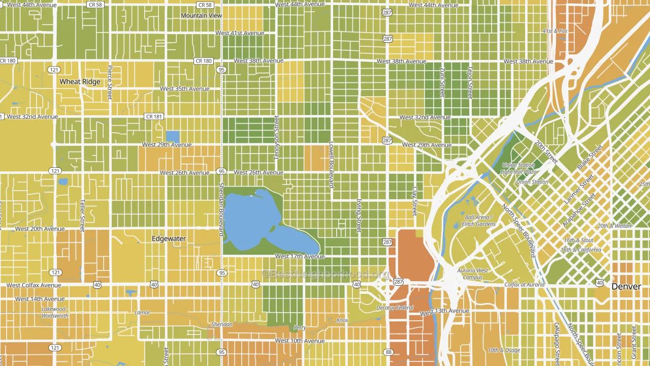 Map of the best neighborhoods in the Sloan Lake, Denver area, with better matches in green and worse matches in red