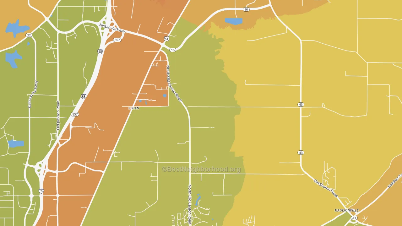 Map of the best neighborhoods in the Sloan area, with better matches in green and worse matches in red