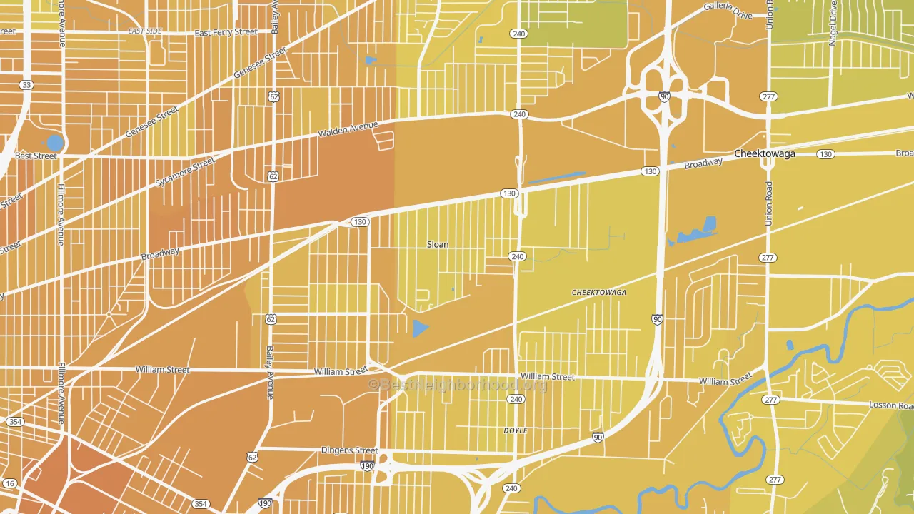 Map of the best neighborhoods in the Sloan area, with better matches in green and worse matches in red