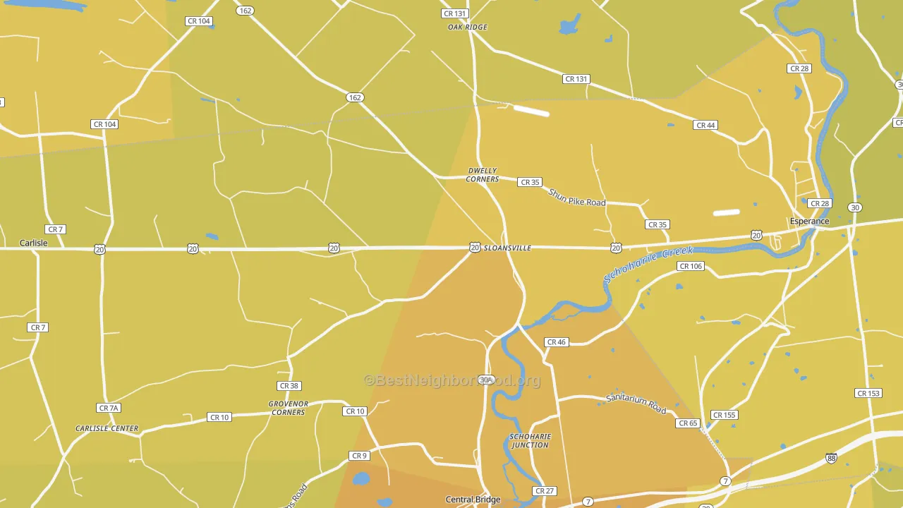 Map of the best neighborhoods in the Sloansville area, with better matches in green and worse matches in red