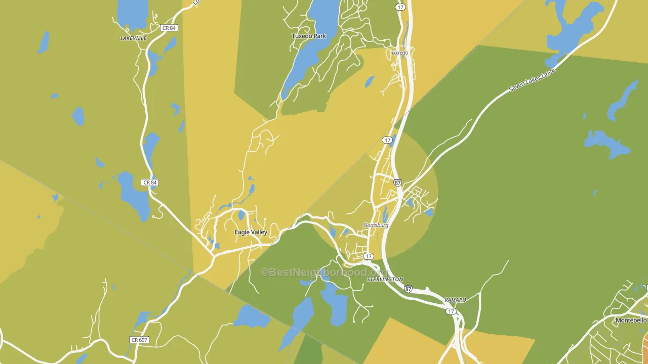 Map of the best neighborhoods in the Sloatsburg area, with better matches in green and worse matches in red