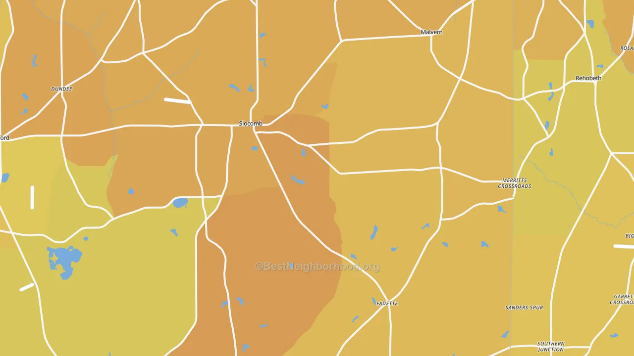 Map of the best neighborhoods in the Slocomb area, with better matches in green and worse matches in red