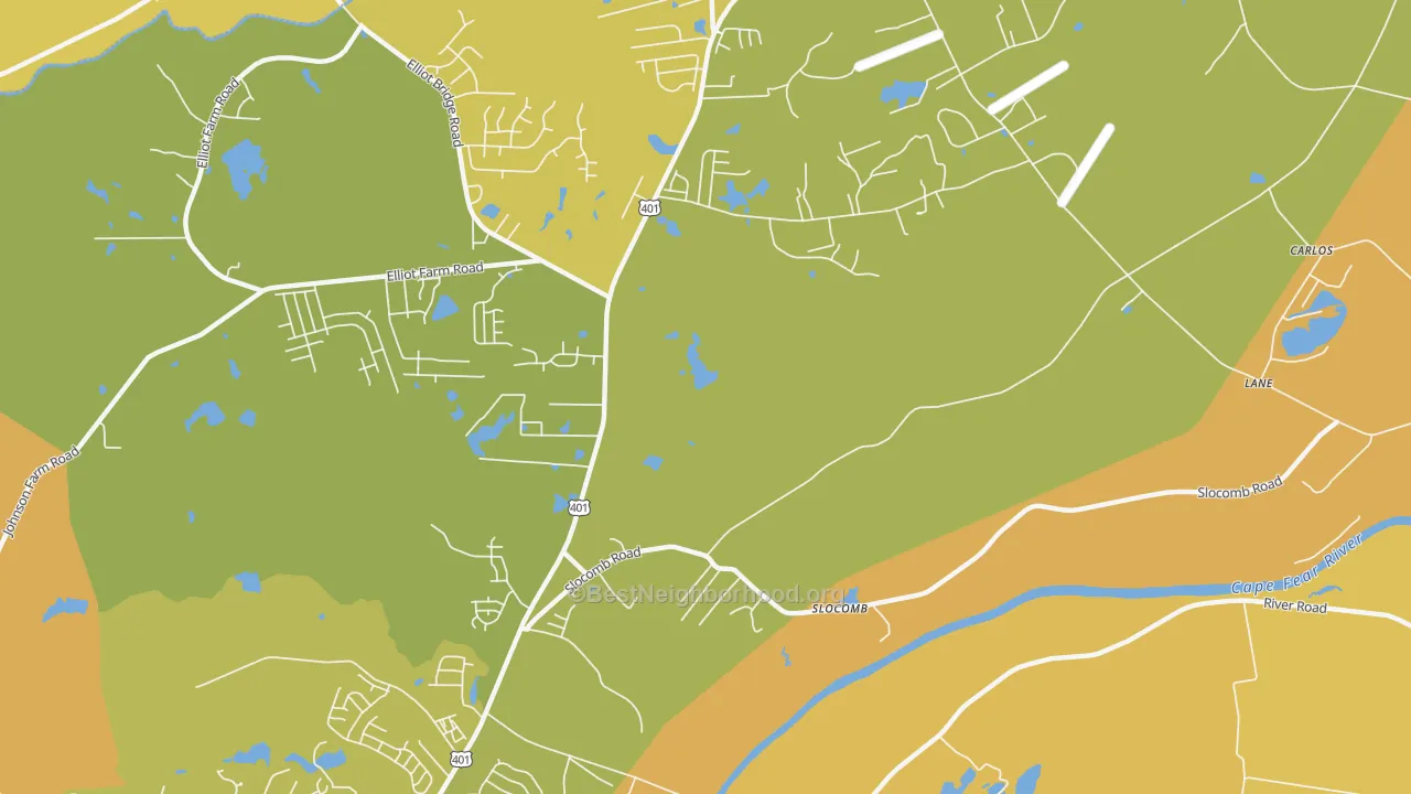 Map of the best neighborhoods in the Slocomb area, with better matches in green and worse matches in red