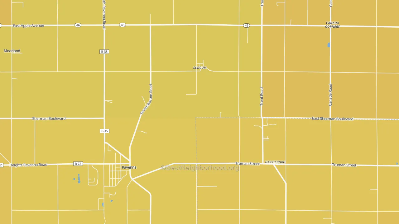 Map of the best neighborhoods in the Slocum area, with better matches in green and worse matches in red