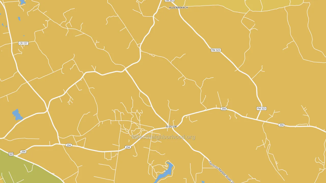 Map of the best neighborhoods in the Slocum area, with better matches in green and worse matches in red
