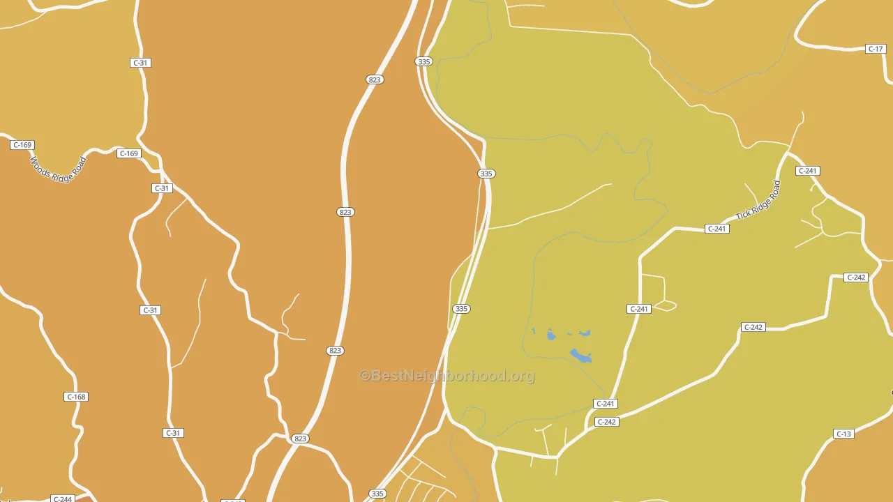 Map of the best neighborhoods in the Slocums area, with better matches in green and worse matches in red