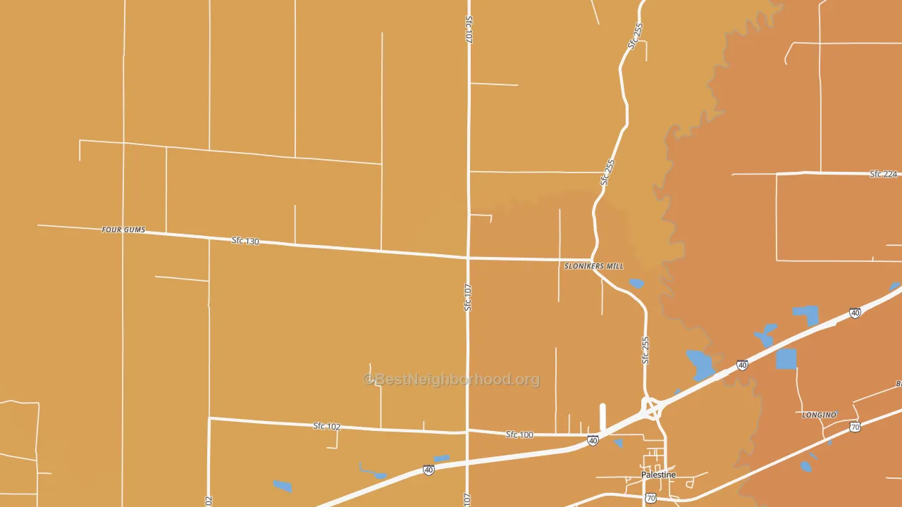 Map of the best neighborhoods in the Slonikers Mill area, with better matches in green and worse matches in red