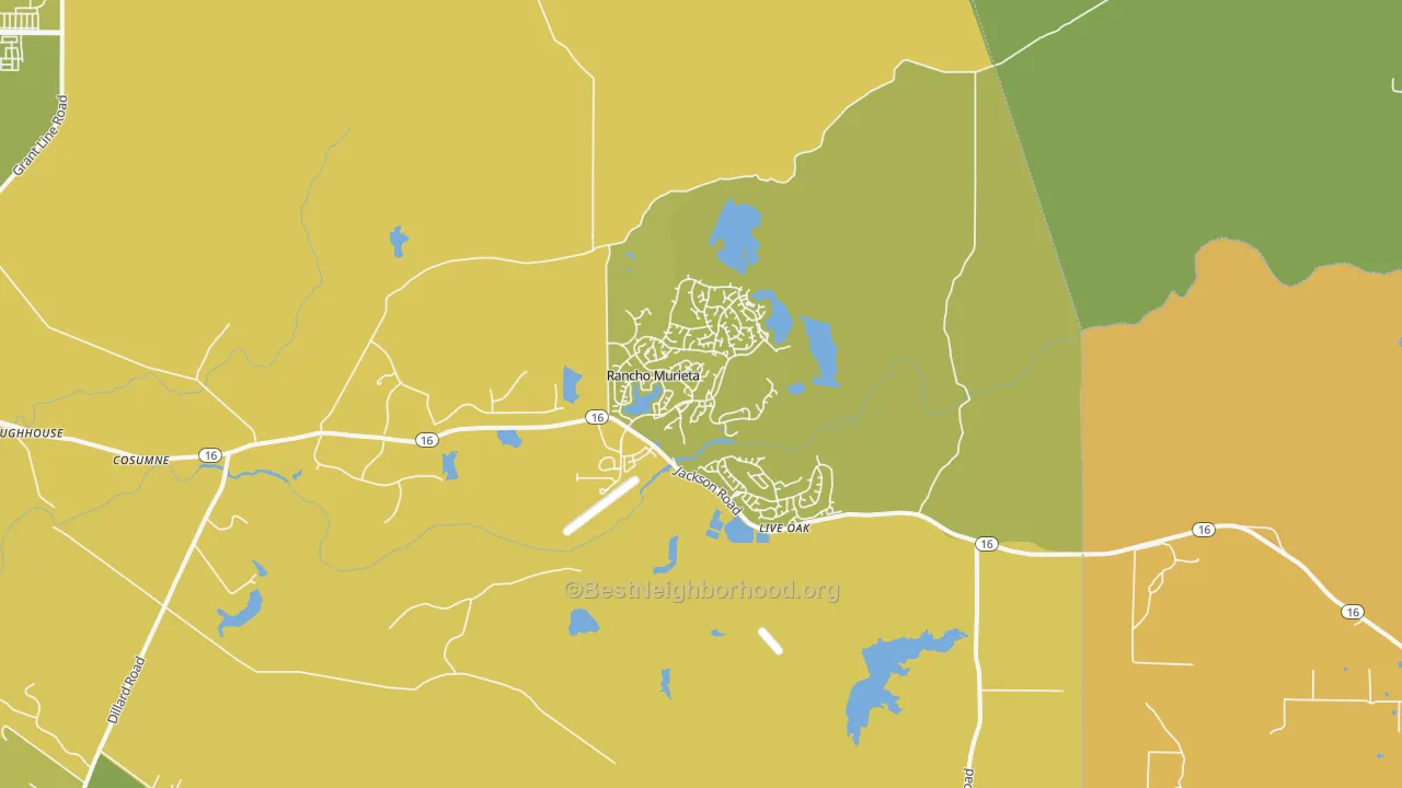 Map of the best neighborhoods in the Sloughhouse area, with better matches in green and worse matches in red