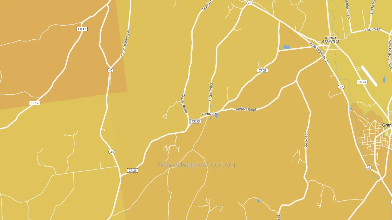 Map of the best neighborhoods in the Slyboro area, with better matches in green and worse matches in red