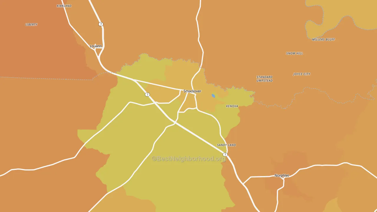 Map of the best neighborhoods in the Smackover area, with better matches in green and worse matches in red