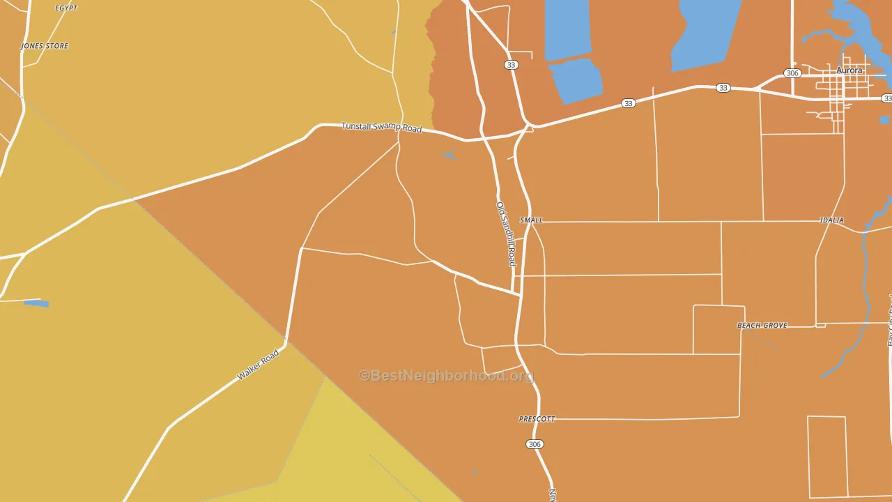 Map of the best neighborhoods in the Small area, with better matches in green and worse matches in red