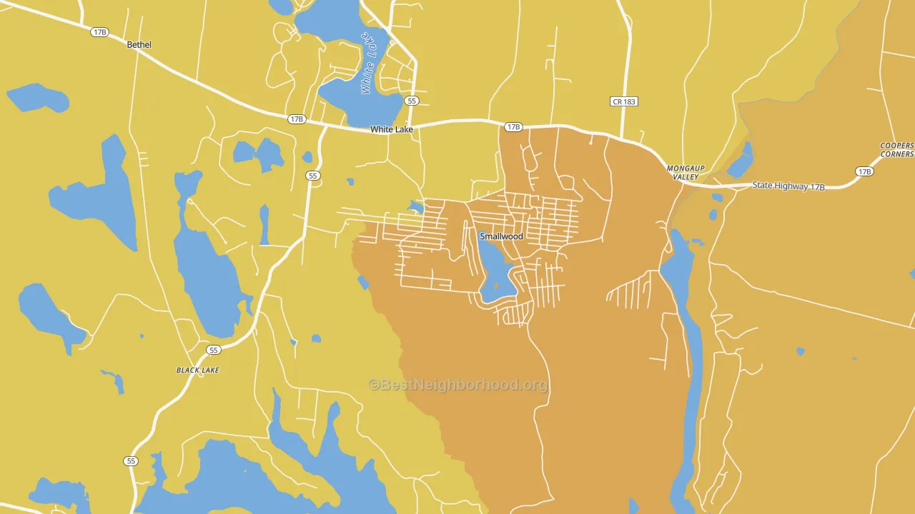 Map of the best neighborhoods in the Smallwood area, with better matches in green and worse matches in red